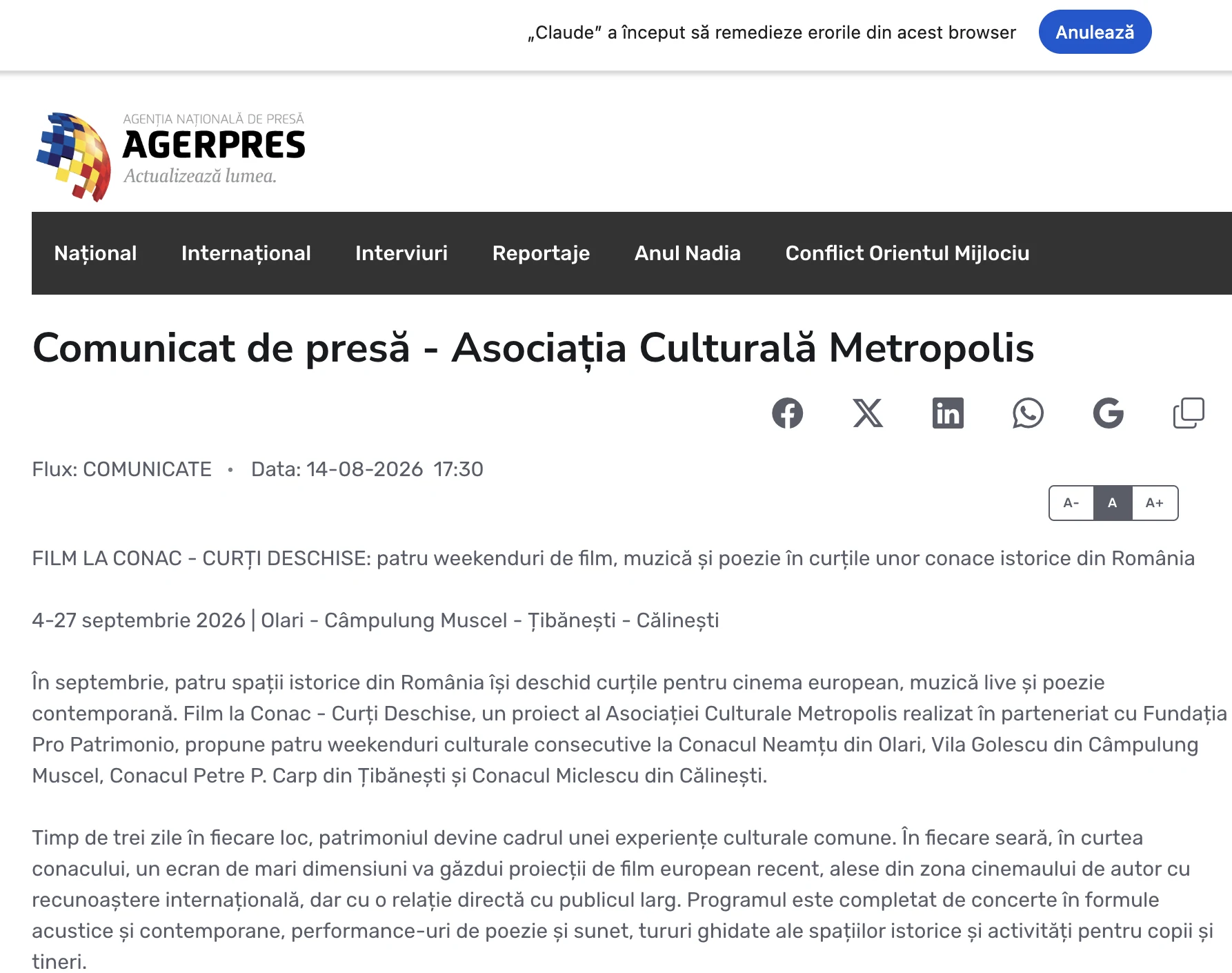 Screenshot of the AGERPRES article